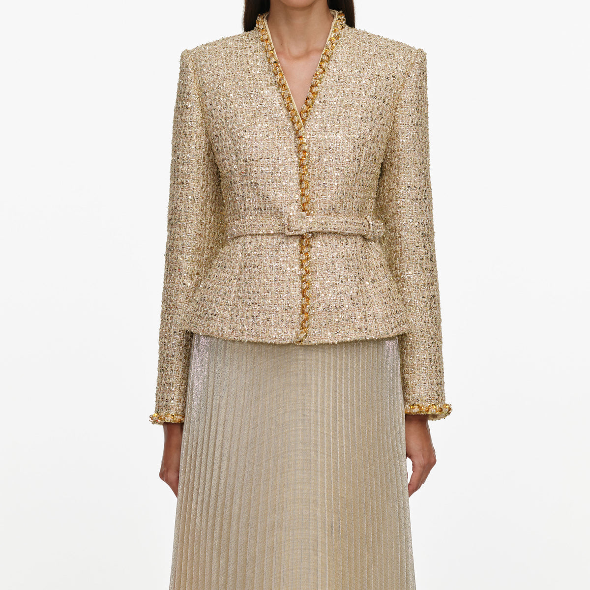 Gold Boucle Pleated Maxi Dress