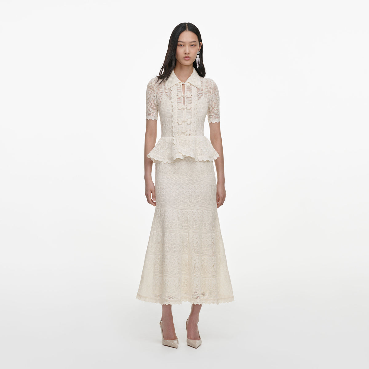 Cream Pointelle Knit Wrap Peplum Midi Dress