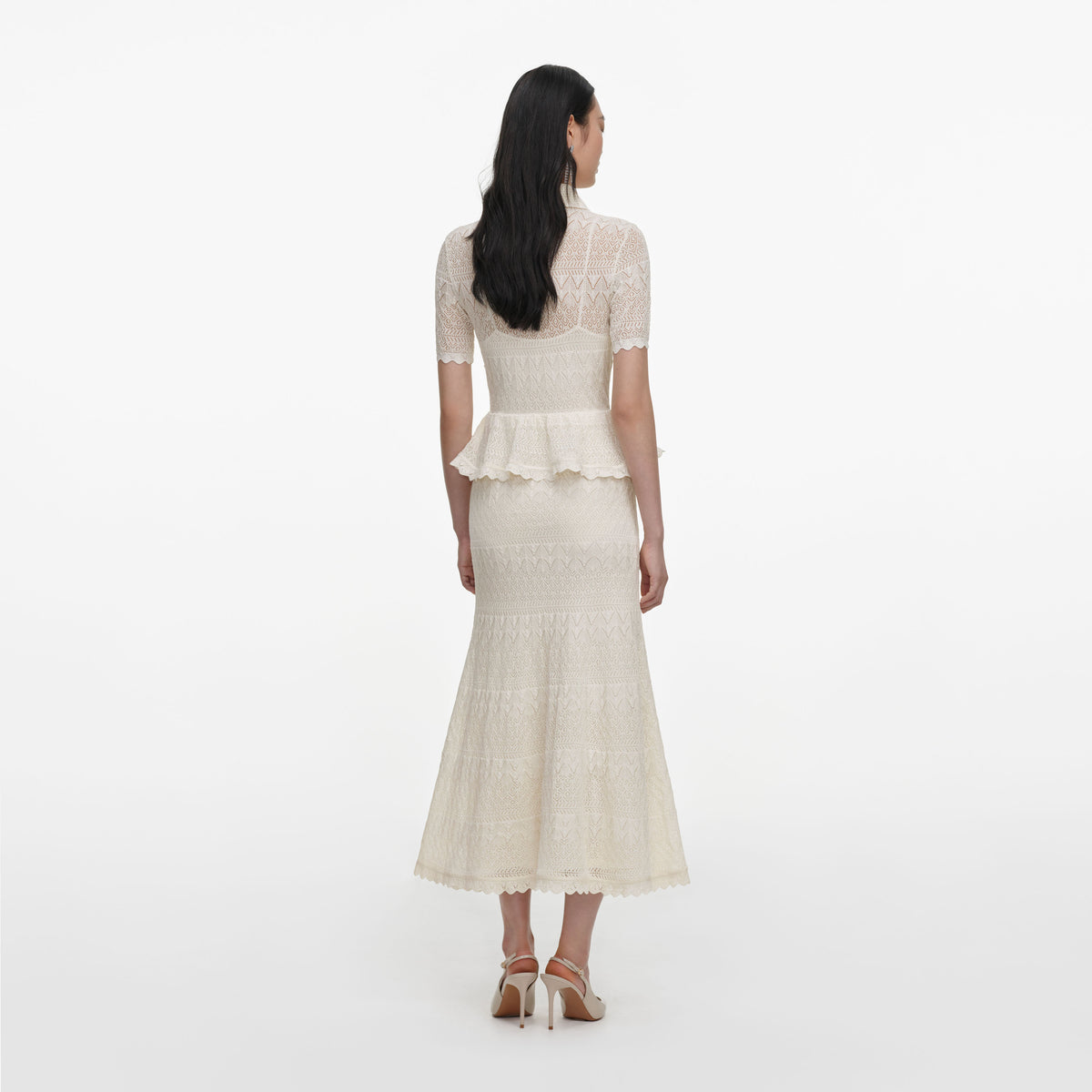 Cream Pointelle Knit Wrap Peplum Midi Dress