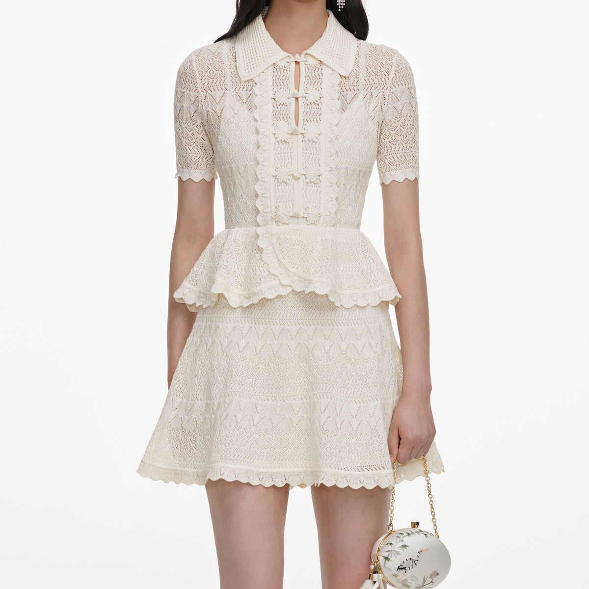 Cream Pointelle Knit Wrap Peplum Dress