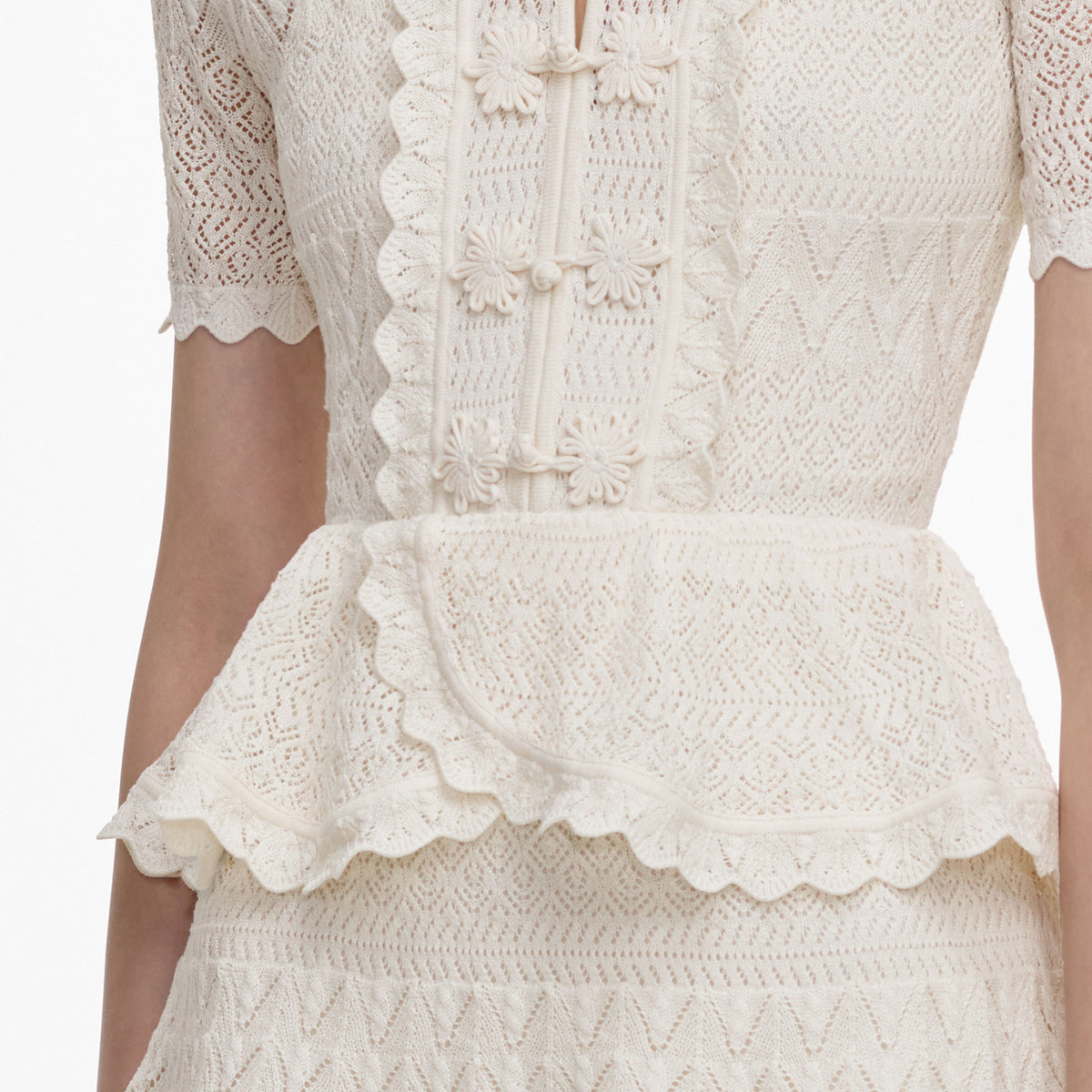 Cream Pointelle Knit Wrap Peplum Dress