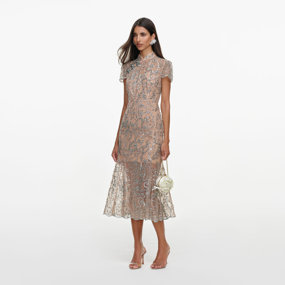 Silver Sequin Embellished Midi Dress