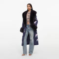 Navy Floral Jacquard Fur Collar Coat