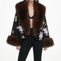 Black Floral Jacquard Fur Collar Coat