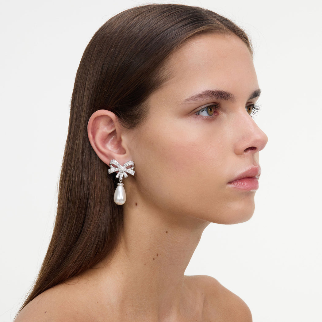 Silver Crystal Bow Earrings