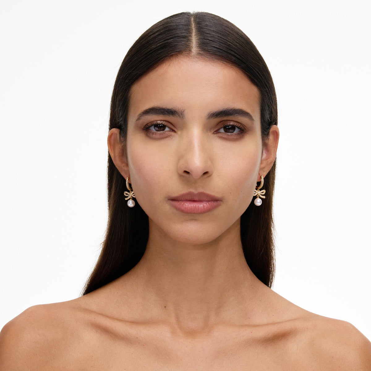 Gold Crystal Bow Pearl Hoop Earrings