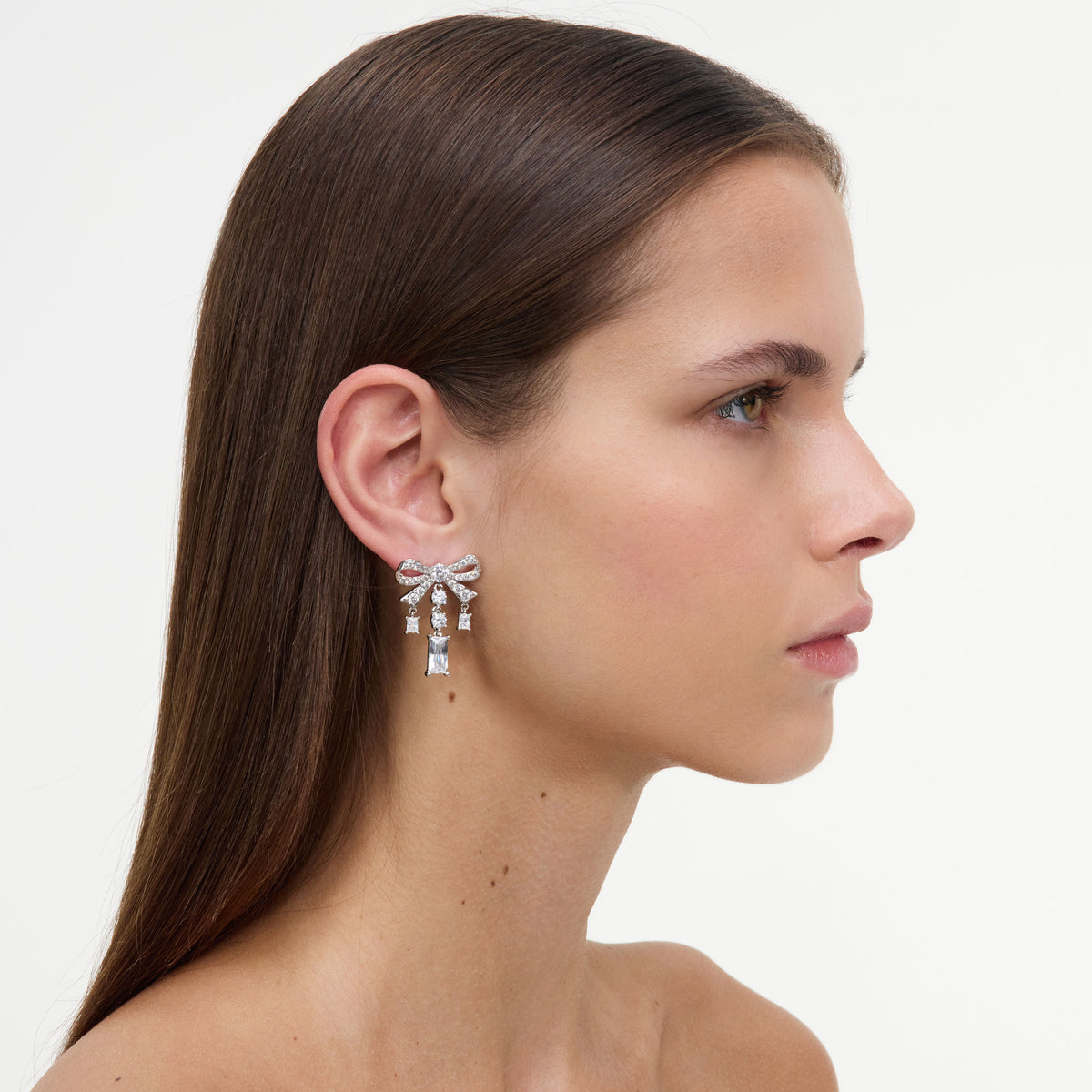 Silver Crystal Bow Droplet Earrings