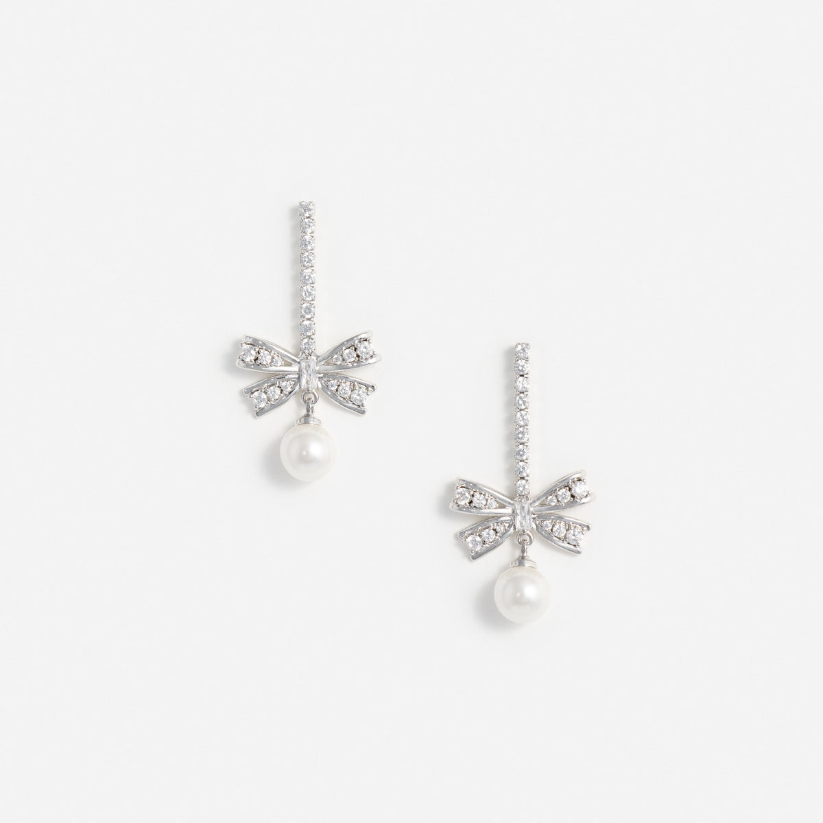 Silver Crystal Bow Pearl Droplet Earrings