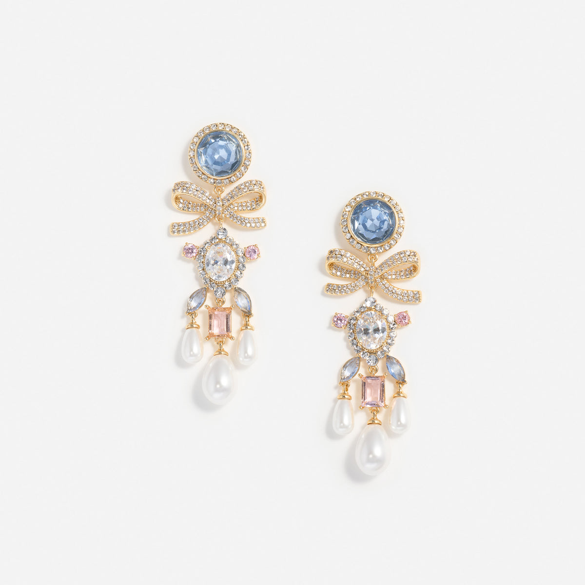 Gold Multi Crystal Bow Pearl Droplet Earrings