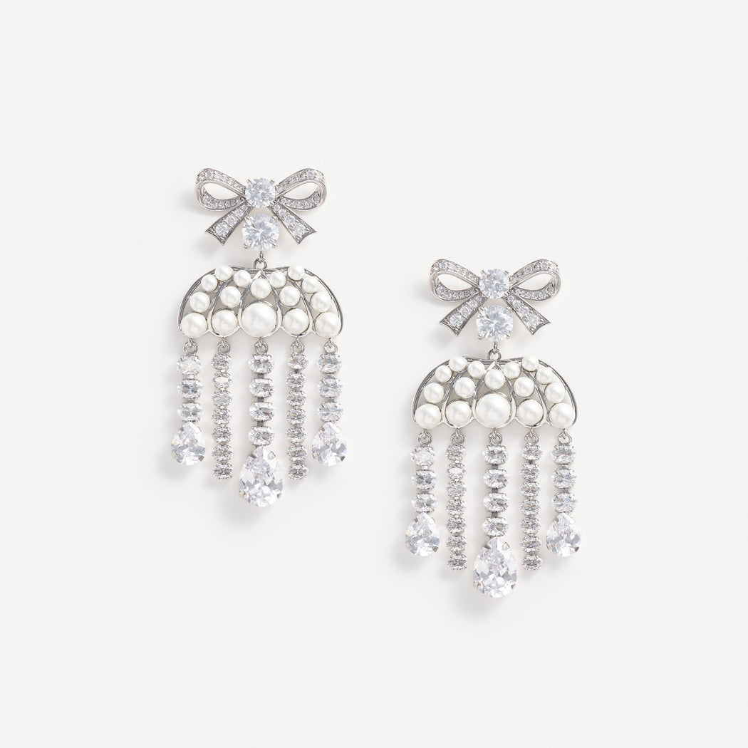 Pearl Crystal Bow Droplet Earrings