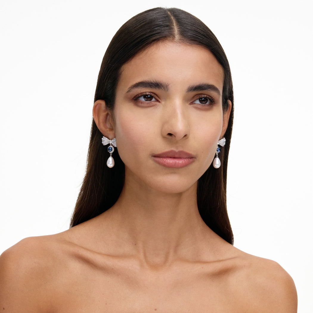 Silver Crystal Bow Blue Pearl Droplet Earrings