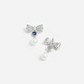 Silver Crystal Bow Blue Pearl Droplet Earrings