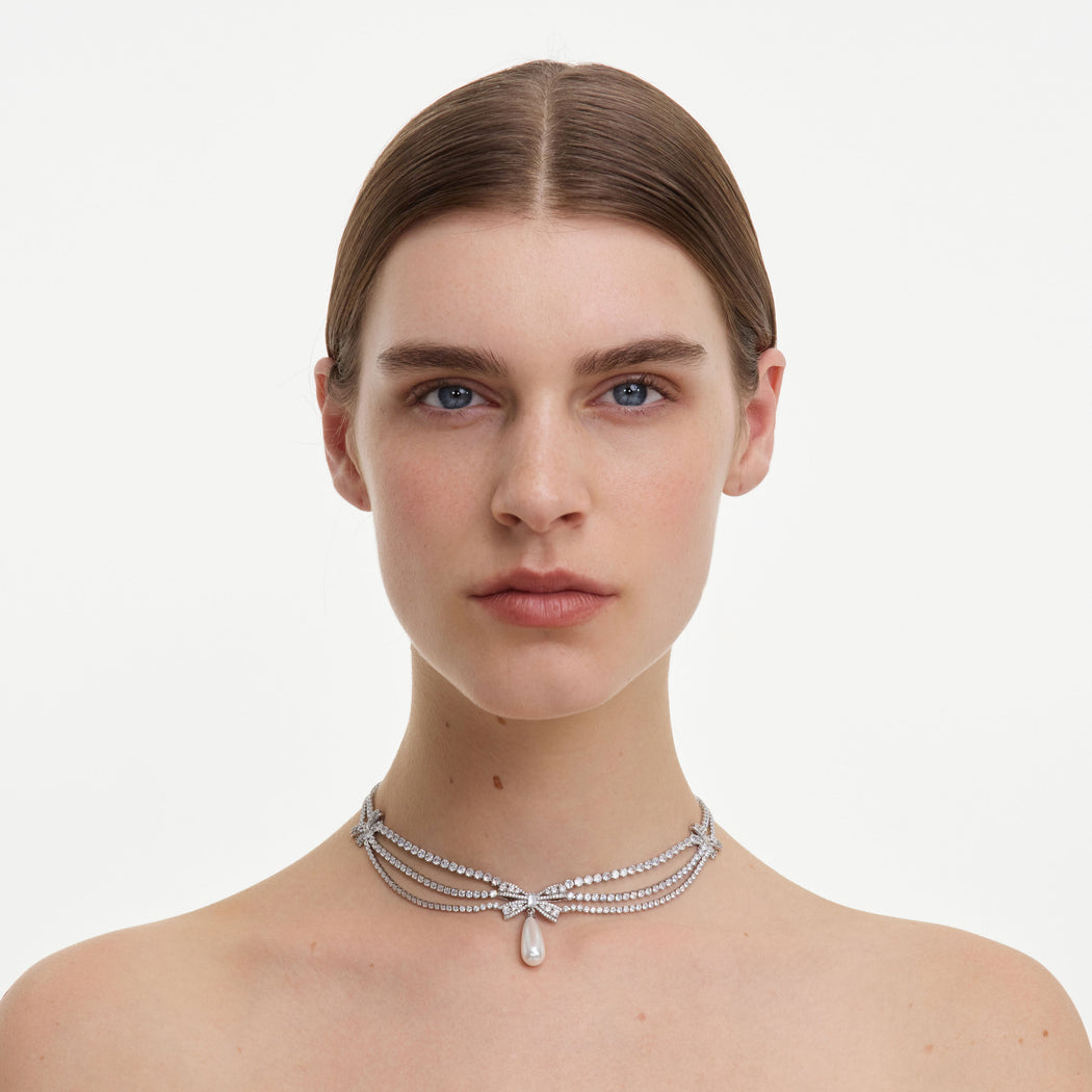 Silver Crystal Bow Pearl Droplet Tiered Necklace