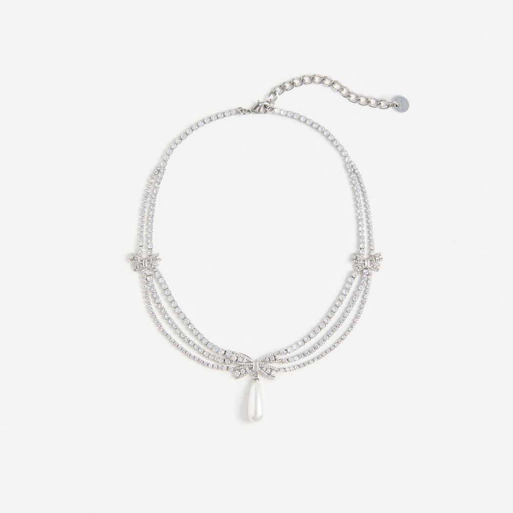 Silver Crystal Bow Pearl Droplet Tiered Necklace