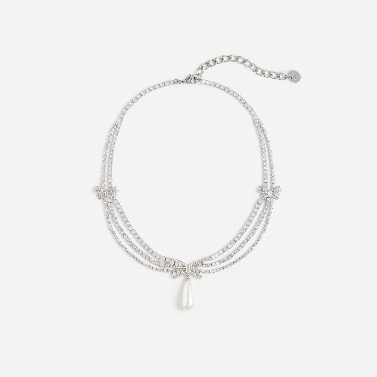 Silver Crystal Bow Pearl Droplet Tiered Necklace