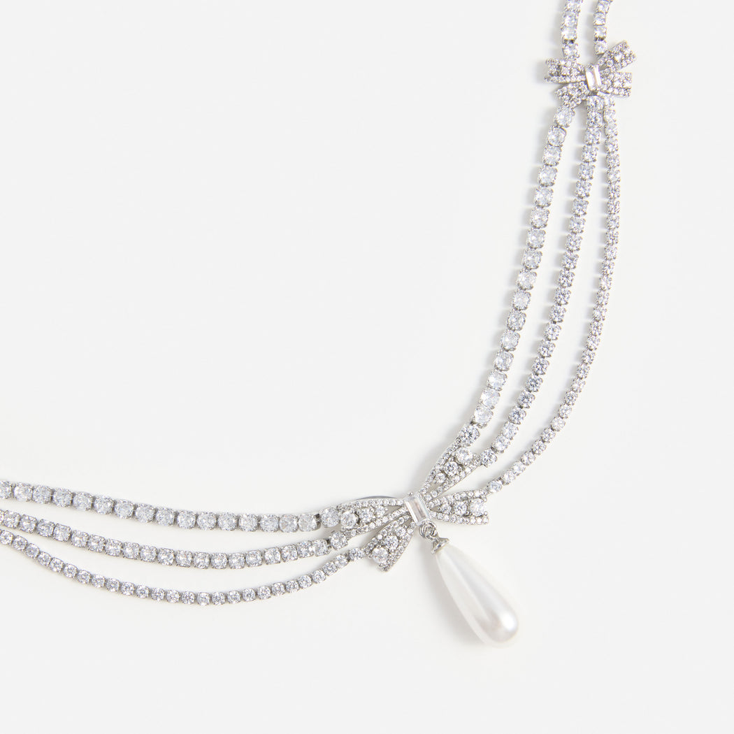 Silver Crystal Bow Pearl Droplet Tiered Necklace
