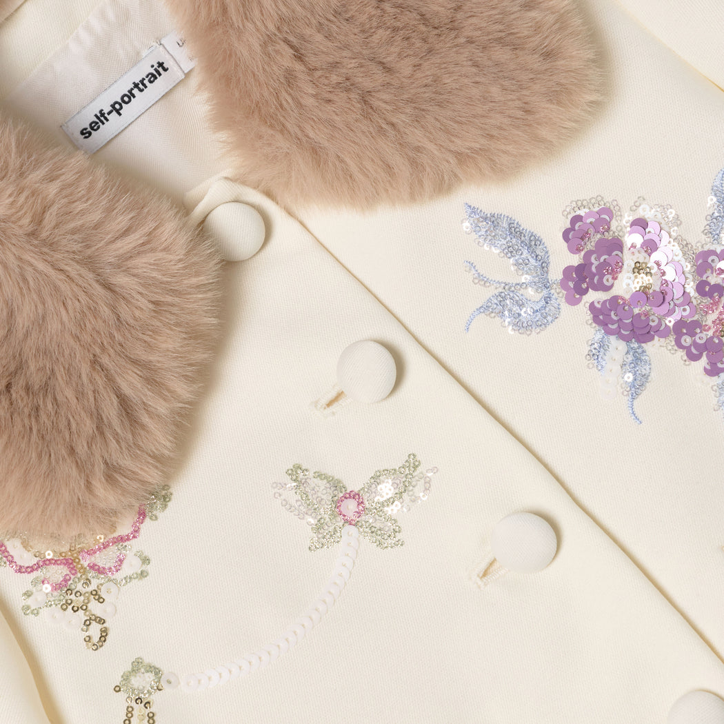 Cream Floral Jacquard Fur Collar Jacket