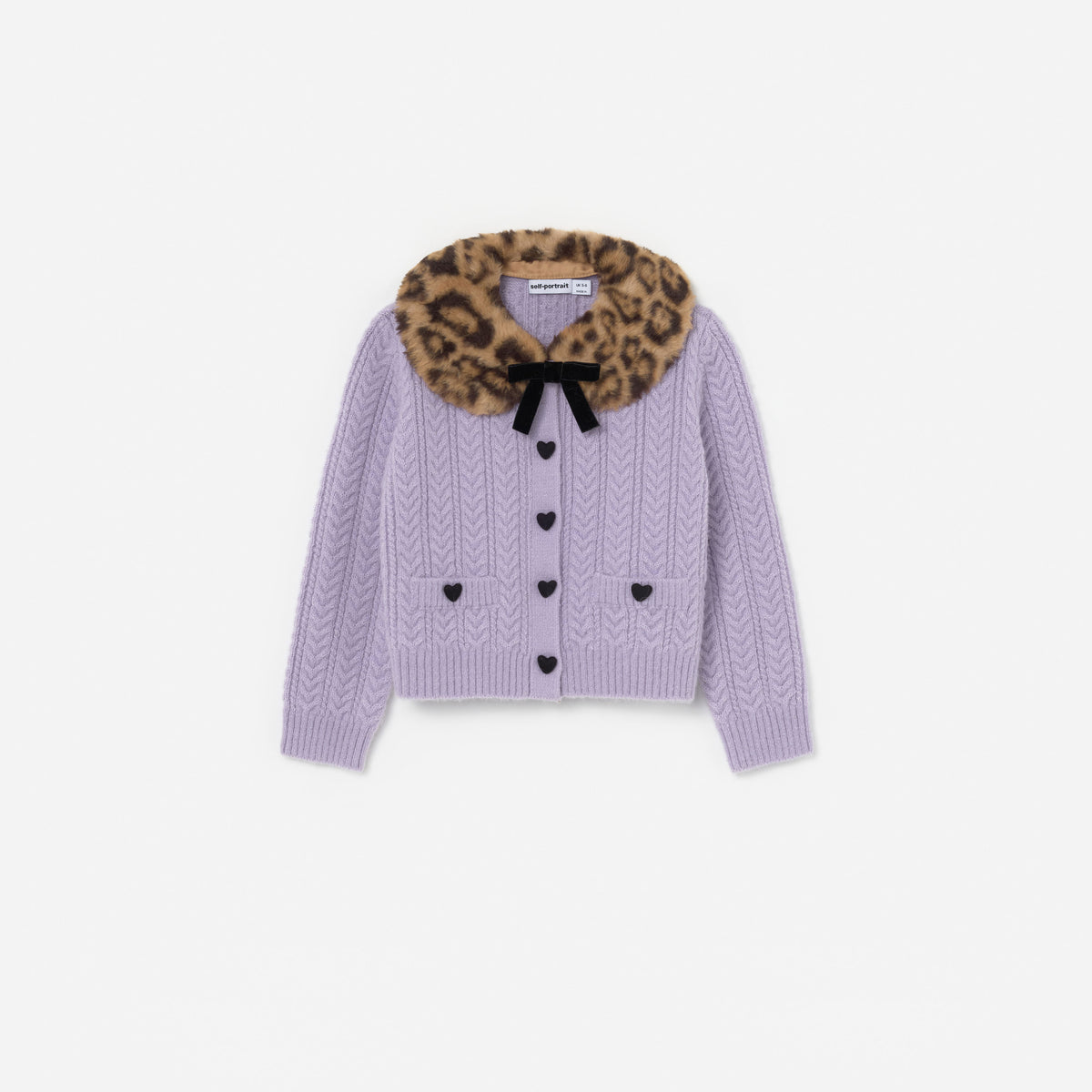 Purple Cable Knit Printed  Fur Collar Cardigan