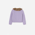 Purple Cable Knit Printed  Fur Collar Cardigan