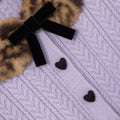 Purple Cable Knit Printed  Fur Collar Cardigan