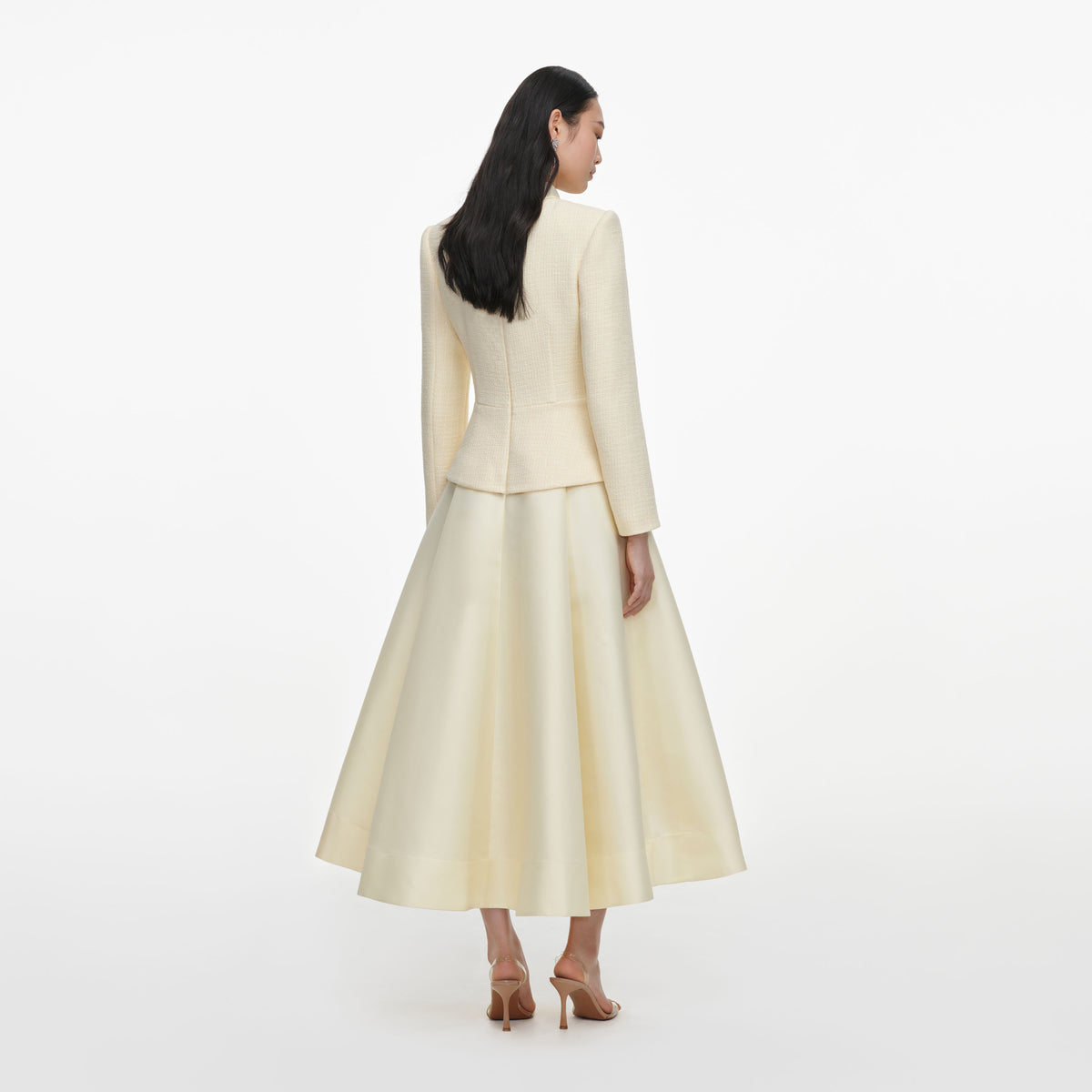 Back view of a woman wearing the Yellow Boucle And Taffeta Midi Dress