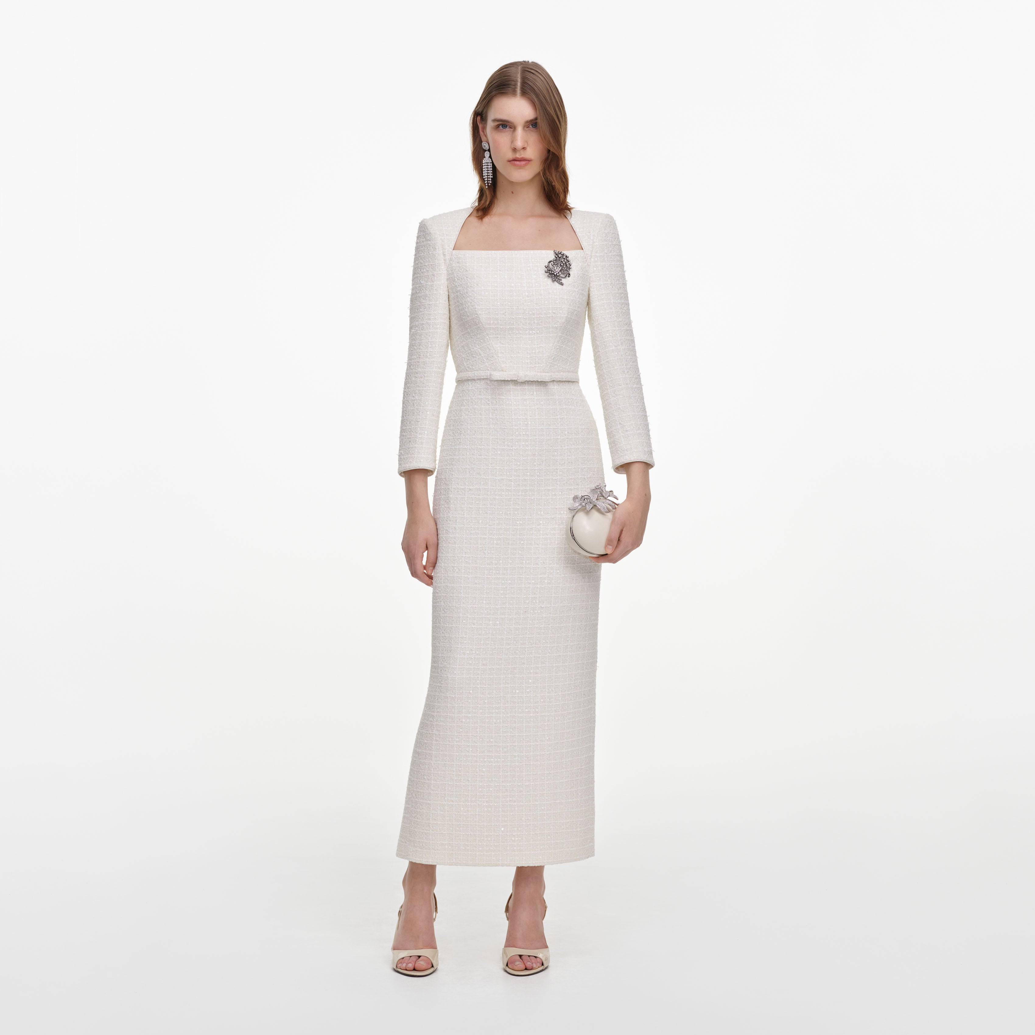 Cream Tailored Boucle Brooch Midi Dress