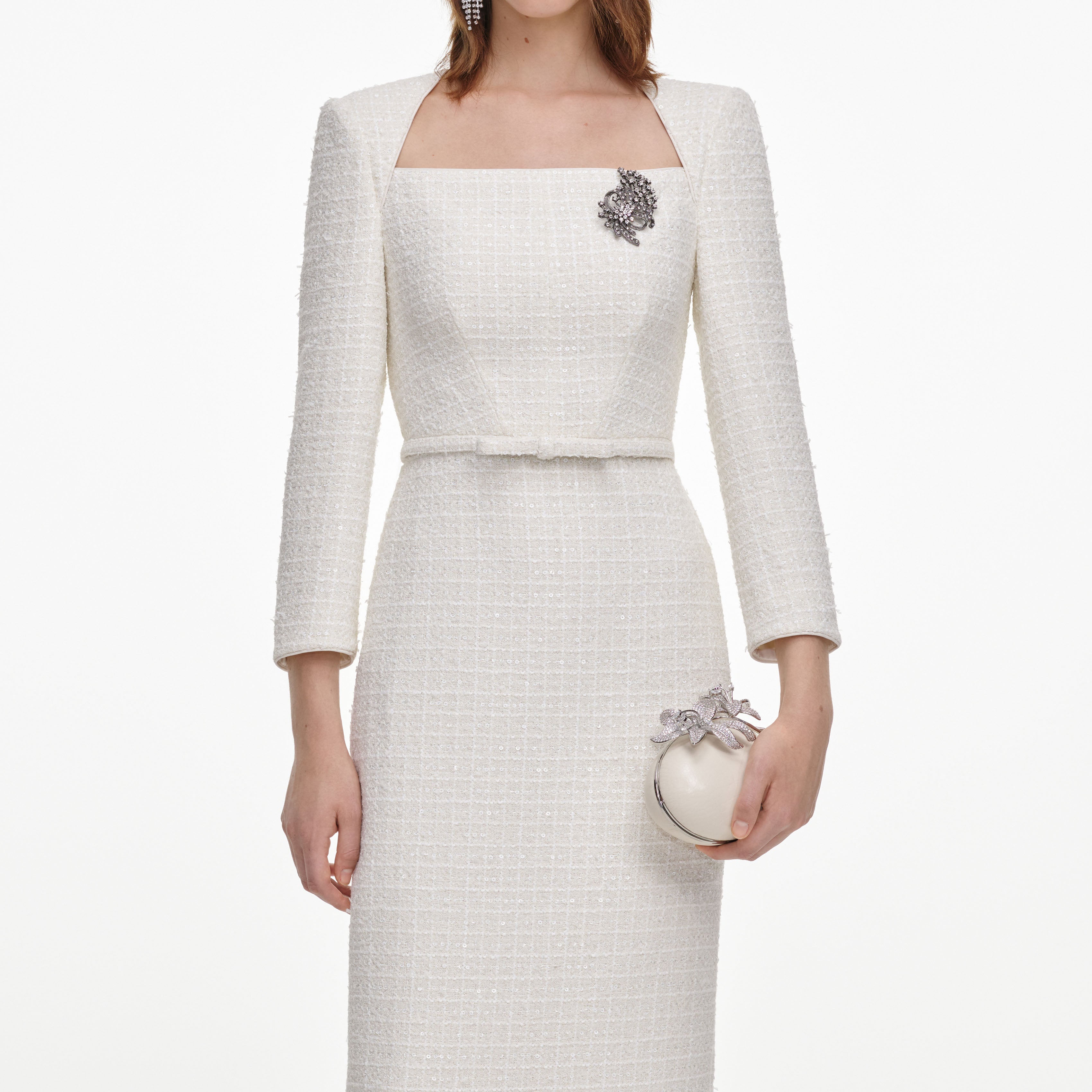 Cream Tailored Boucle Brooch Midi Dress