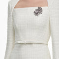 Cream Tailored Boucle Brooch Midi Dress