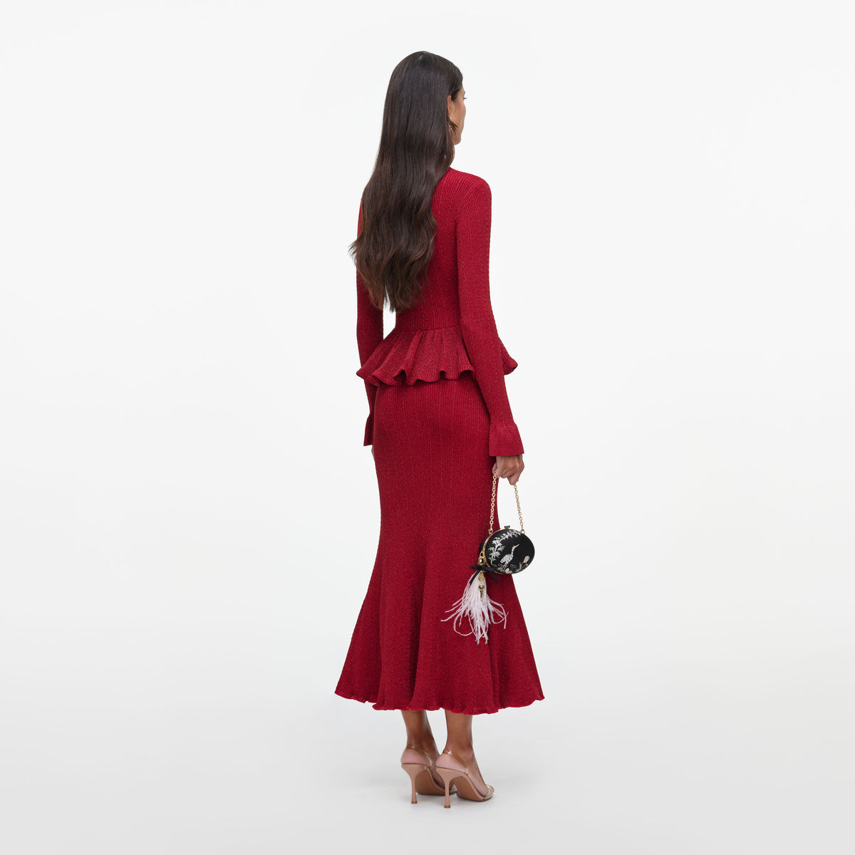 Red Metallic Peplum Knit Midi Dress