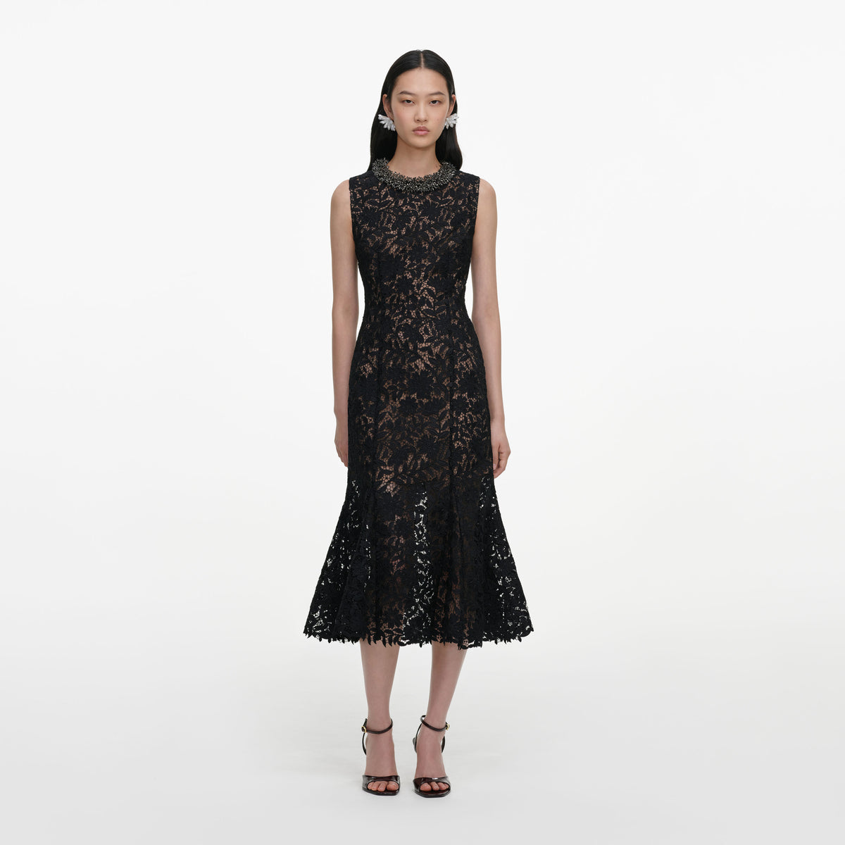Front view of a woman wearing the Black Lace Beaded Trim Midi Dress