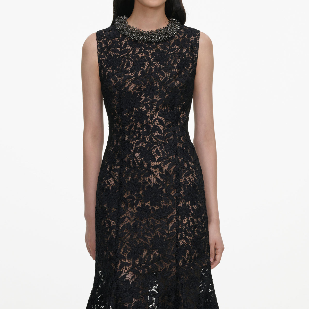 Black Lace Beaded Trim Midi Dress