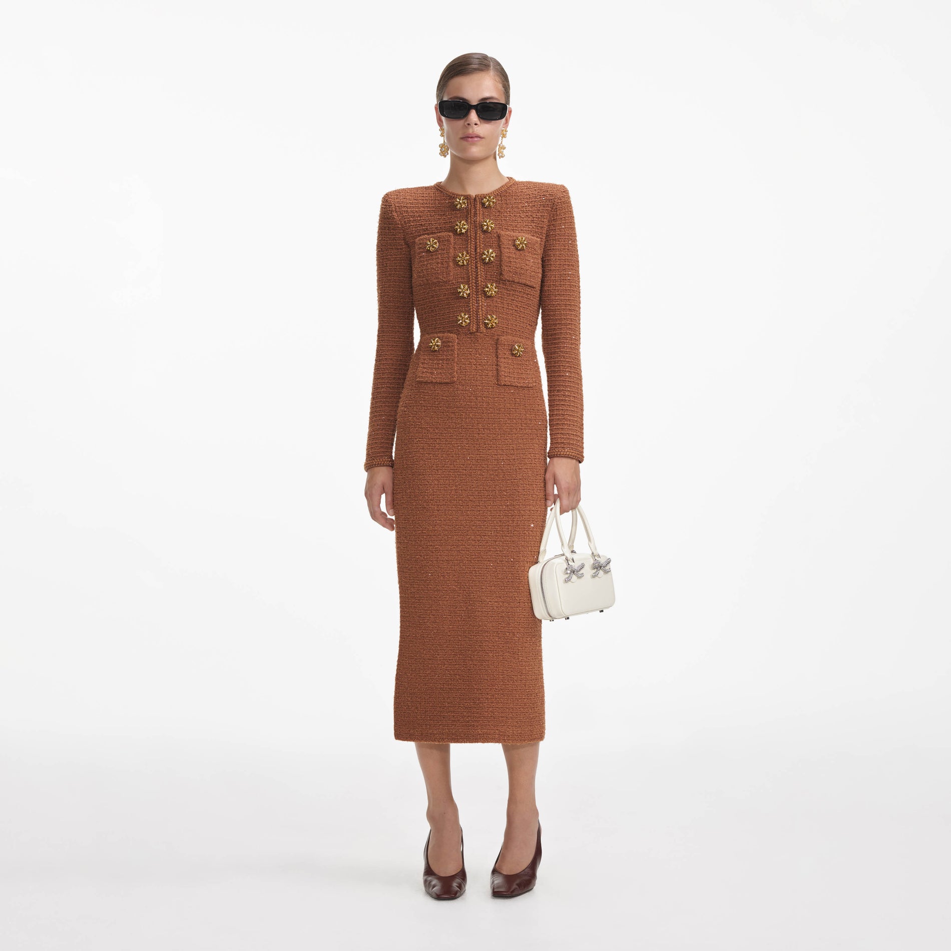 Brown Textured Knit Midi Dress