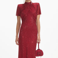 Red Rhinestone Mesh Maxi Dress