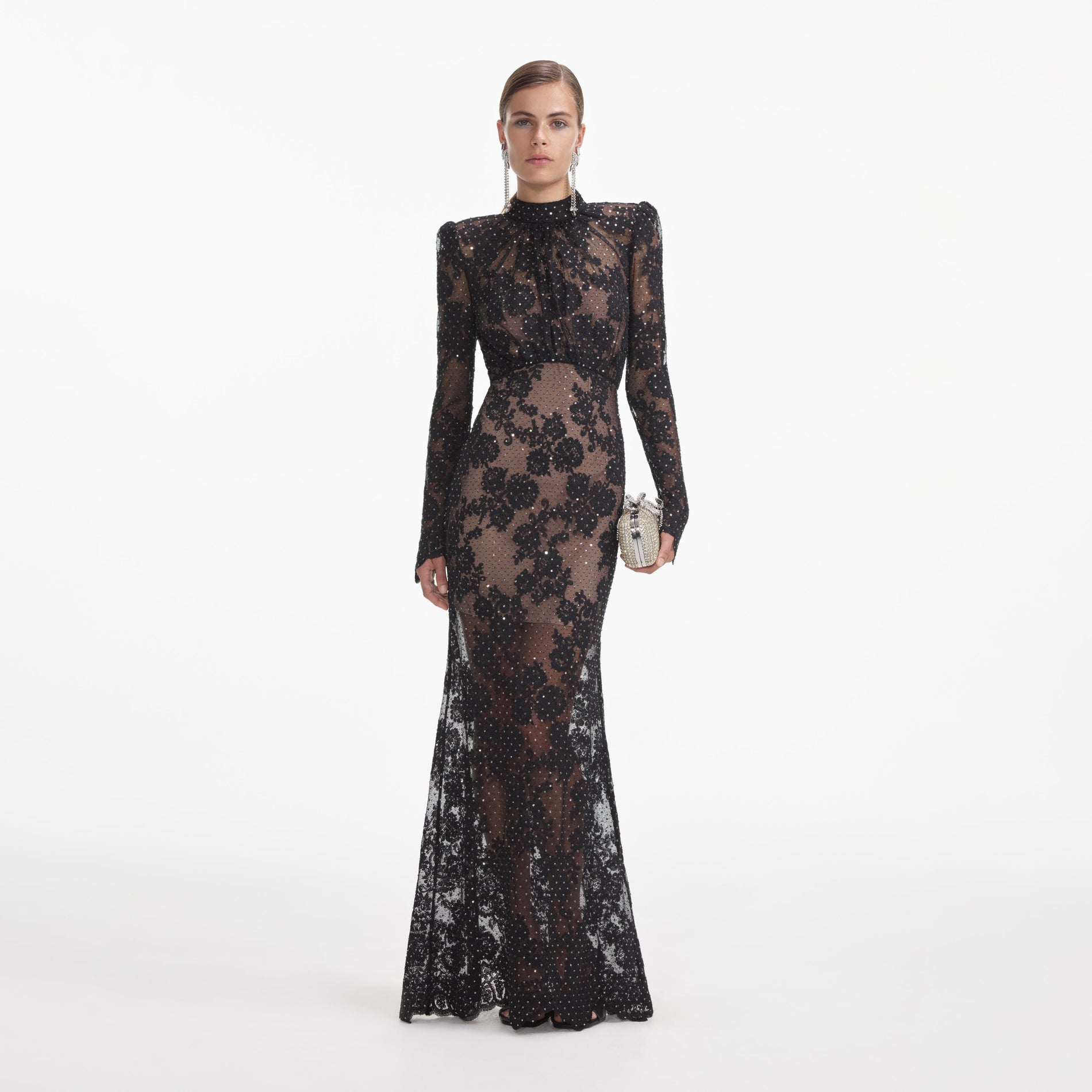 Front view of a woman wearing the Black Rhinestone Lace Maxi Dress