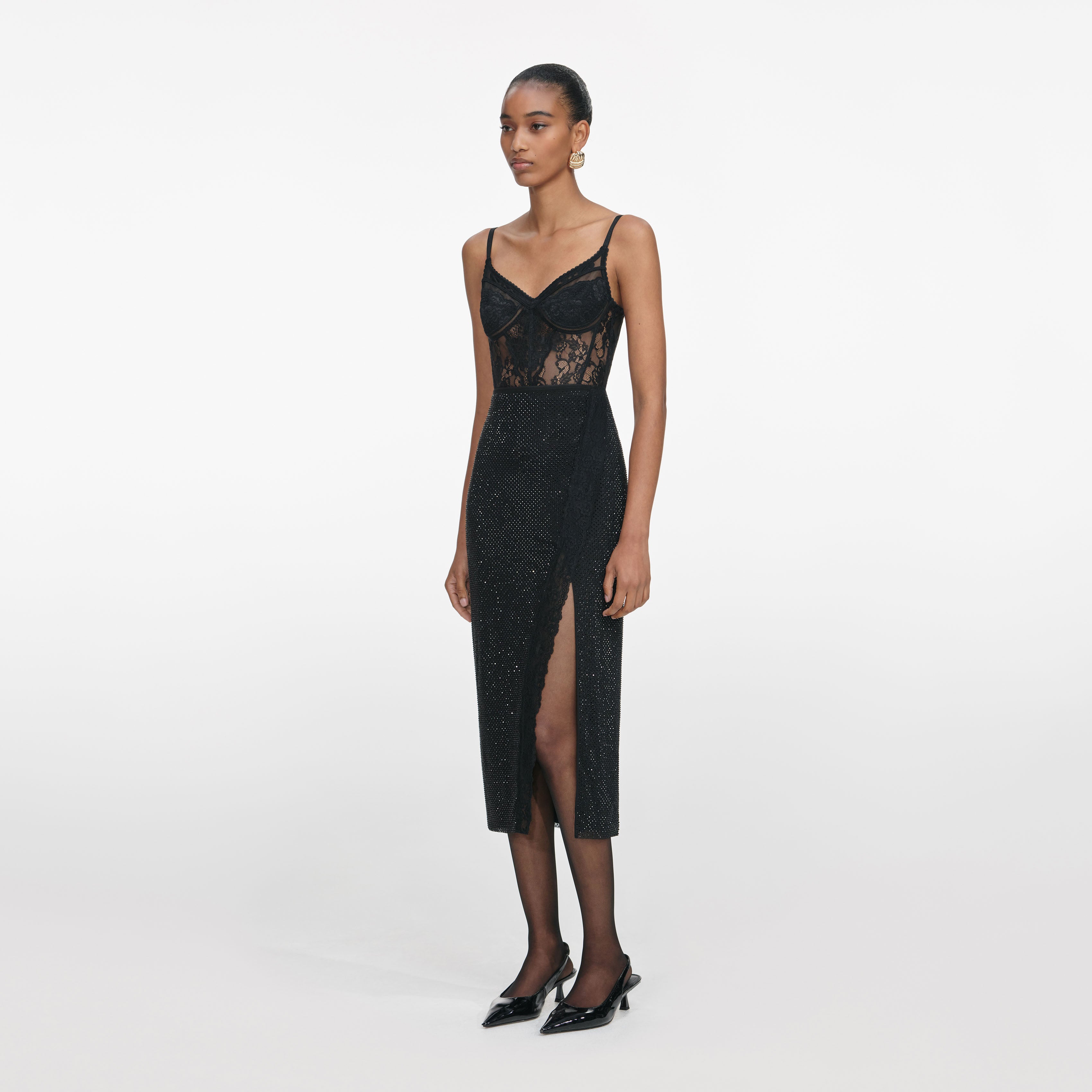 Black Rhinestone Midi Skirt