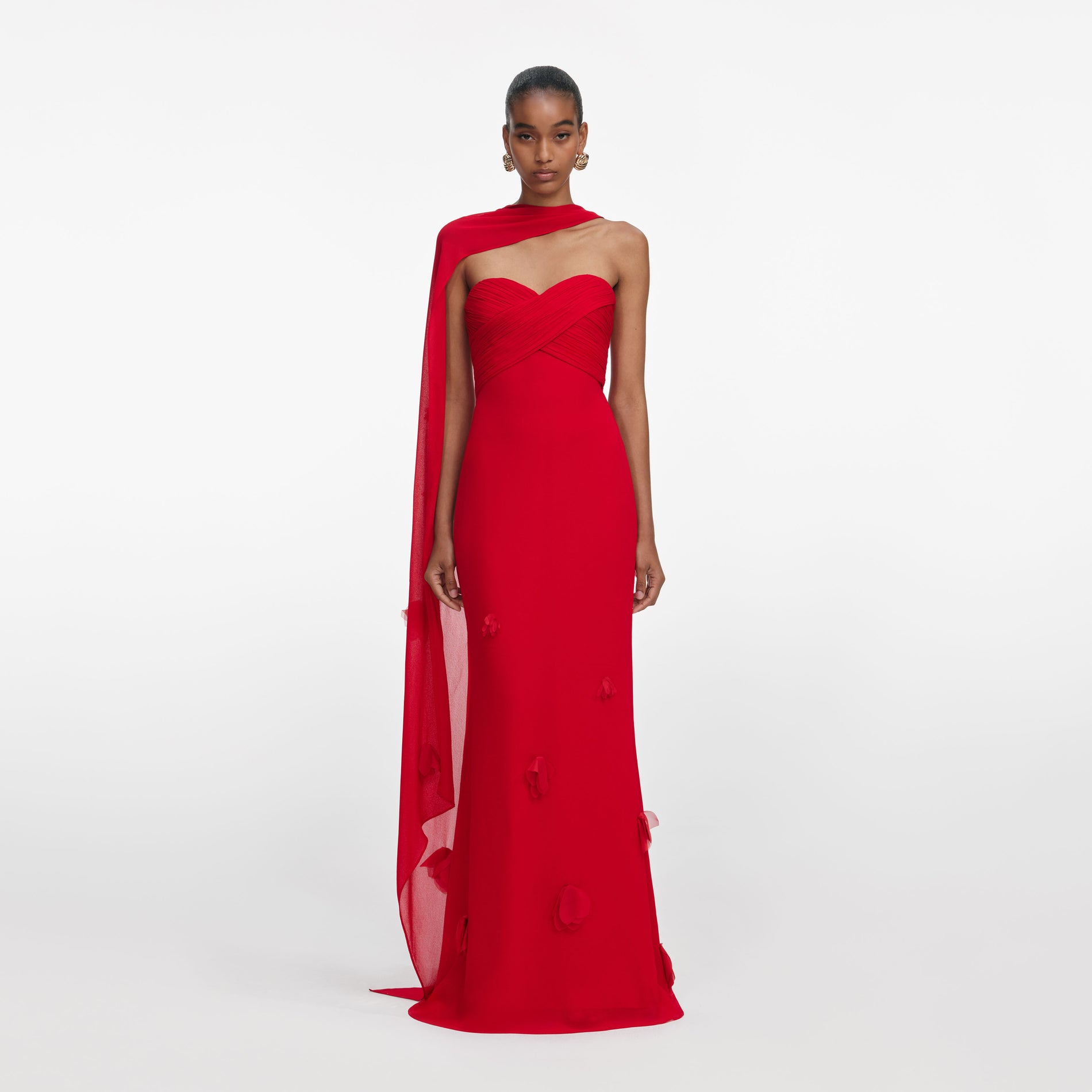 Front view of a woman wearing the Red Georgette Flower Maxi Dress
