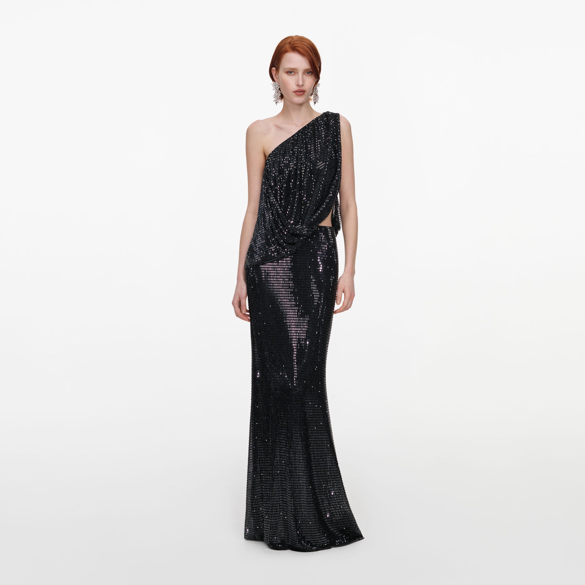 Black Rhinestone One Shoulder Drape Maxi Dress