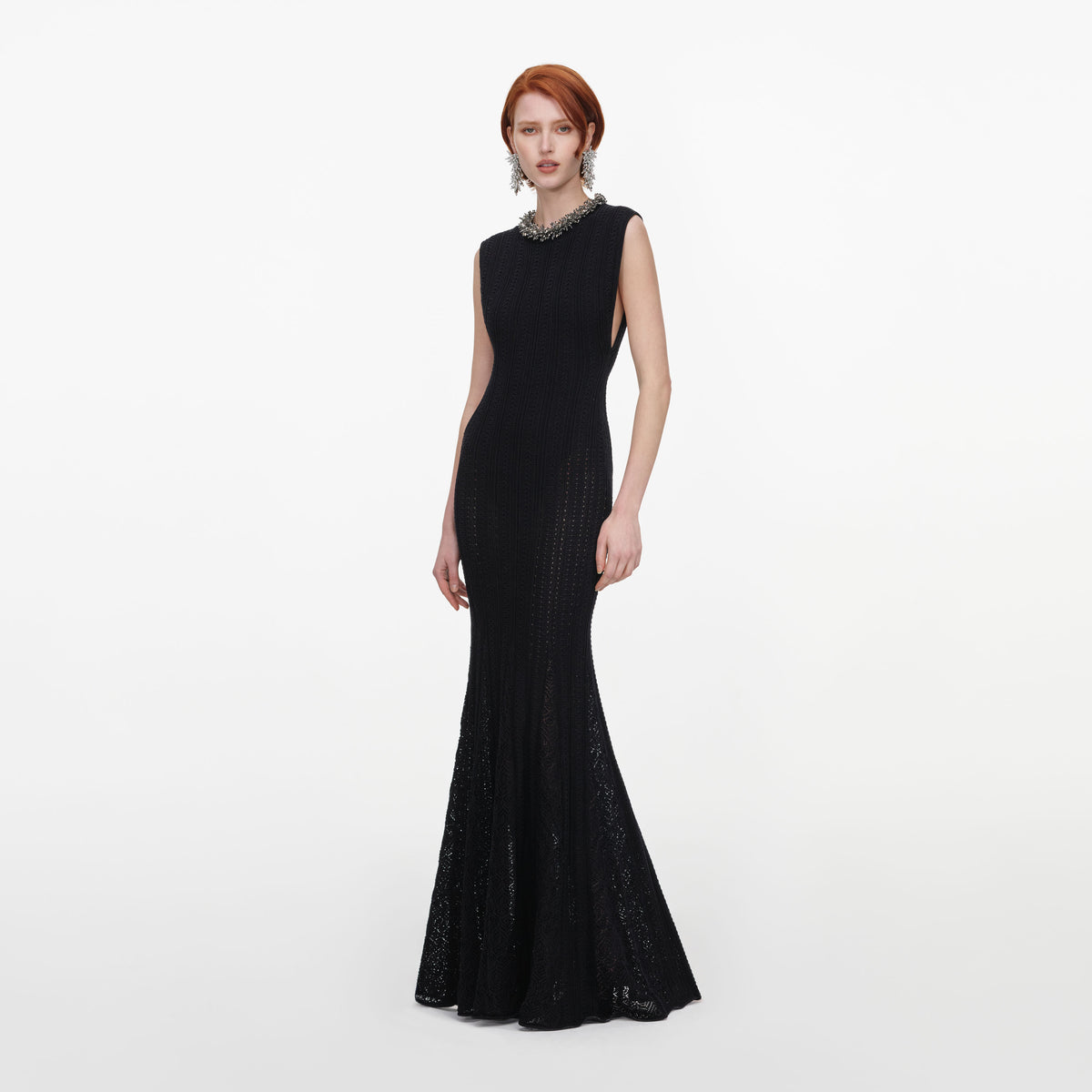 Black Beaded Pointelle Knit Maxi Dress