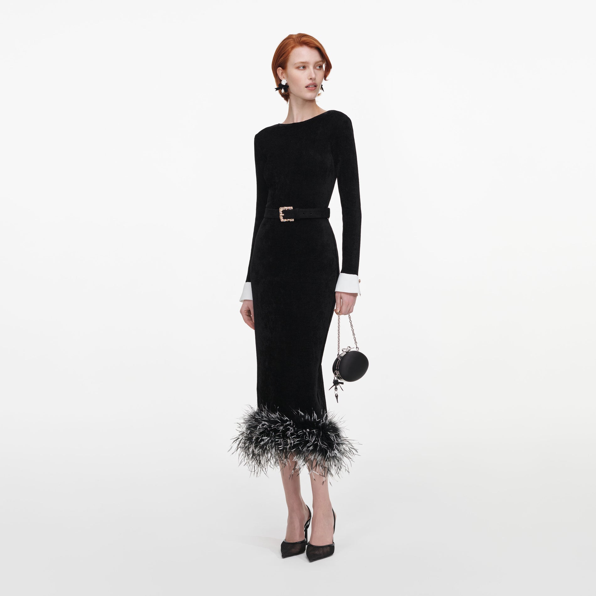 Black Chenille Knit Feather Midi Dress