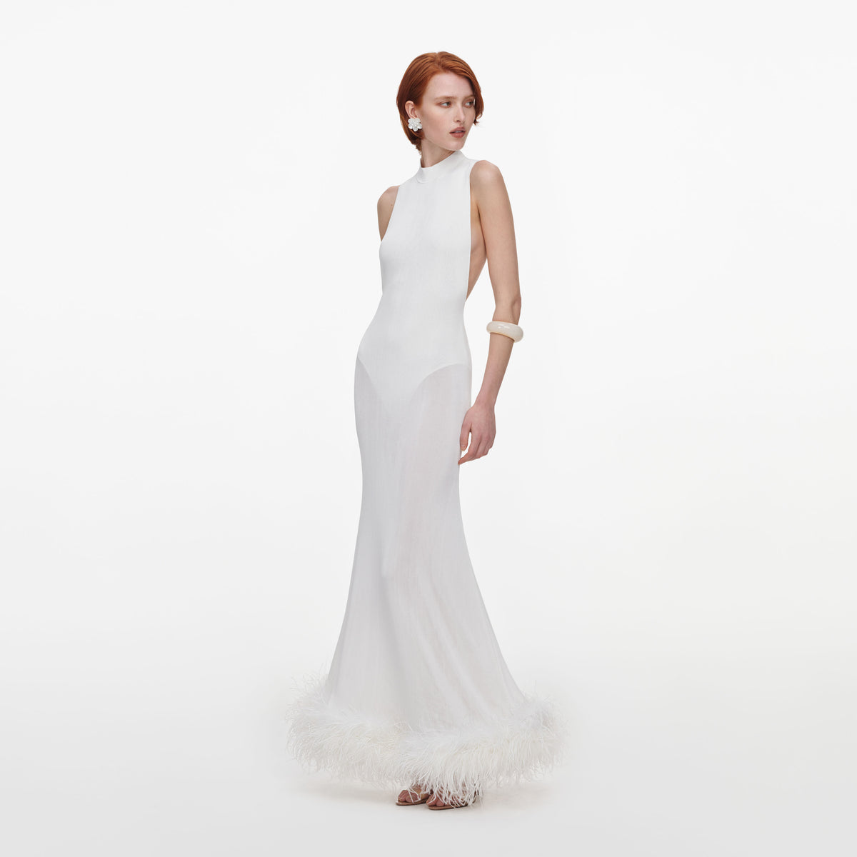 White Racer Back Feather Knit Midi Dress