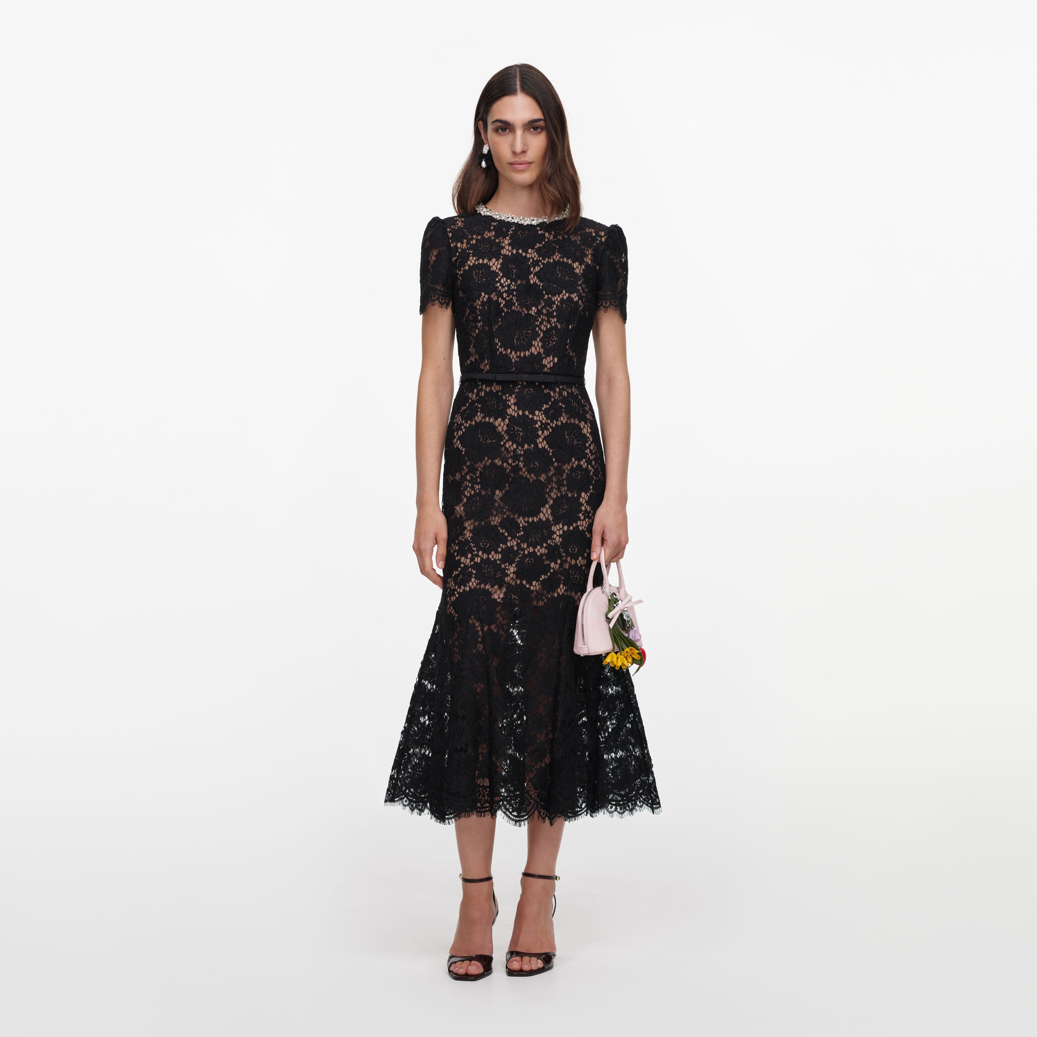 Black Sequin Lace Midi Dress