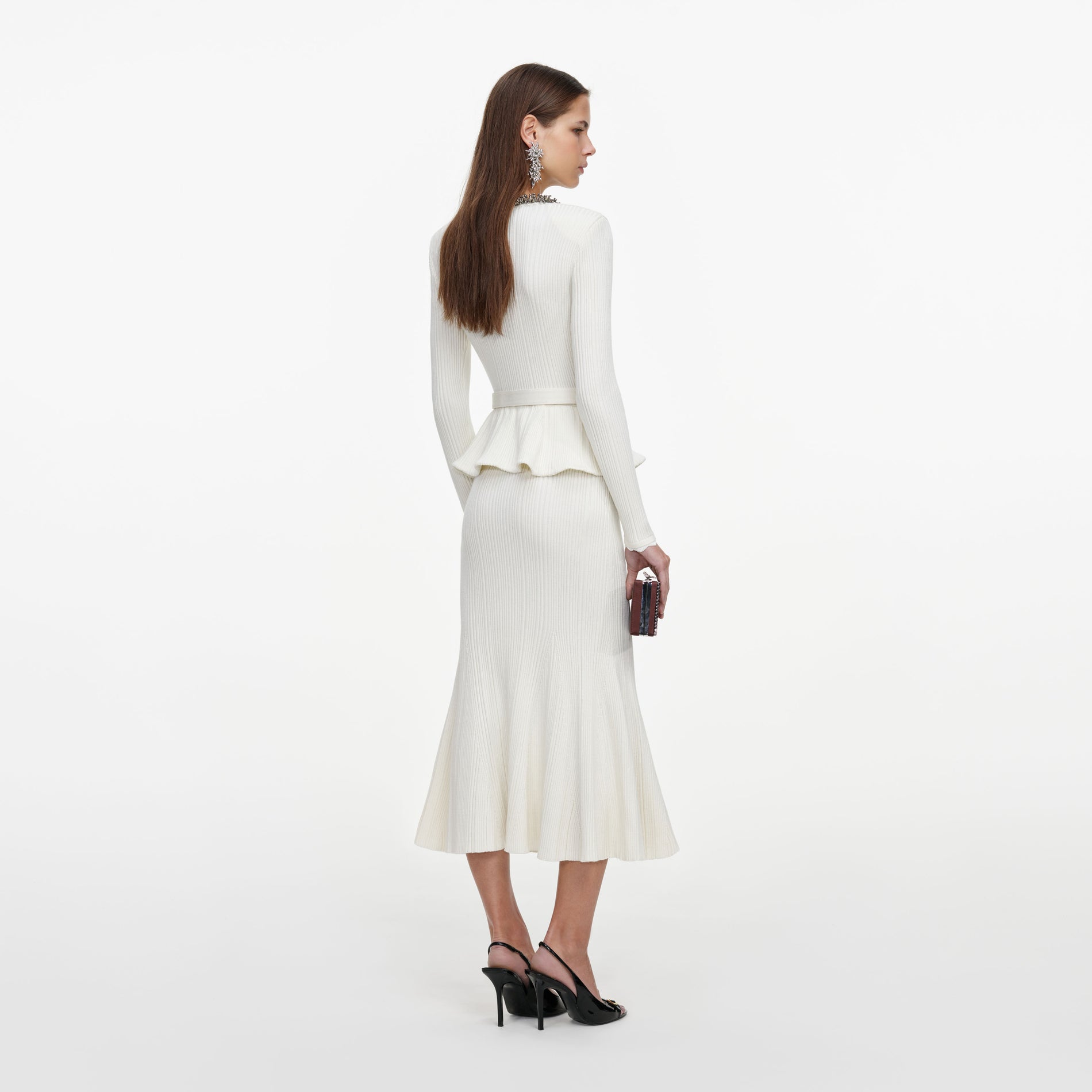 Cream Lurex Rib Knit Midi Dress