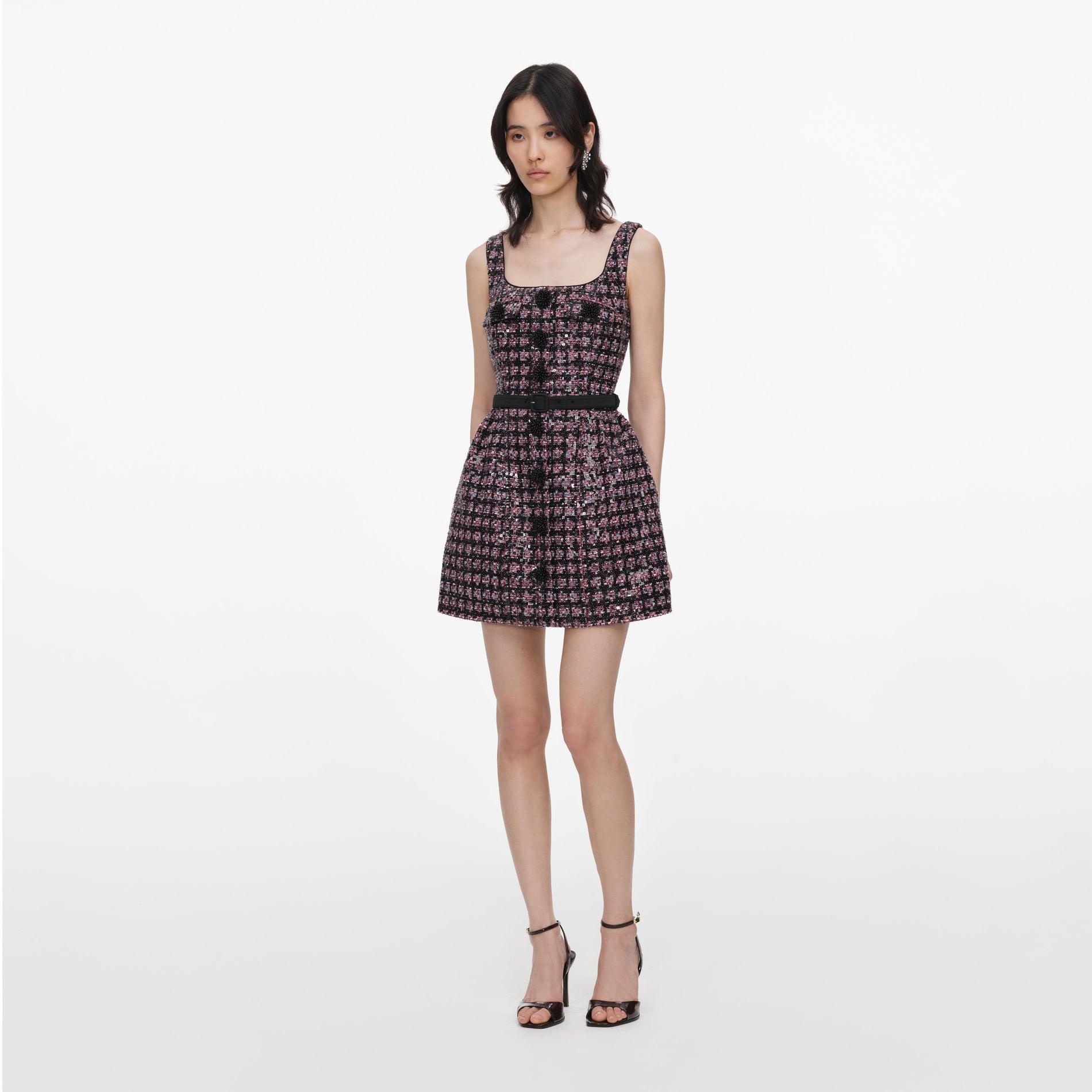 Pink and Black Sequin Boucle Sleeveless Mini Dress