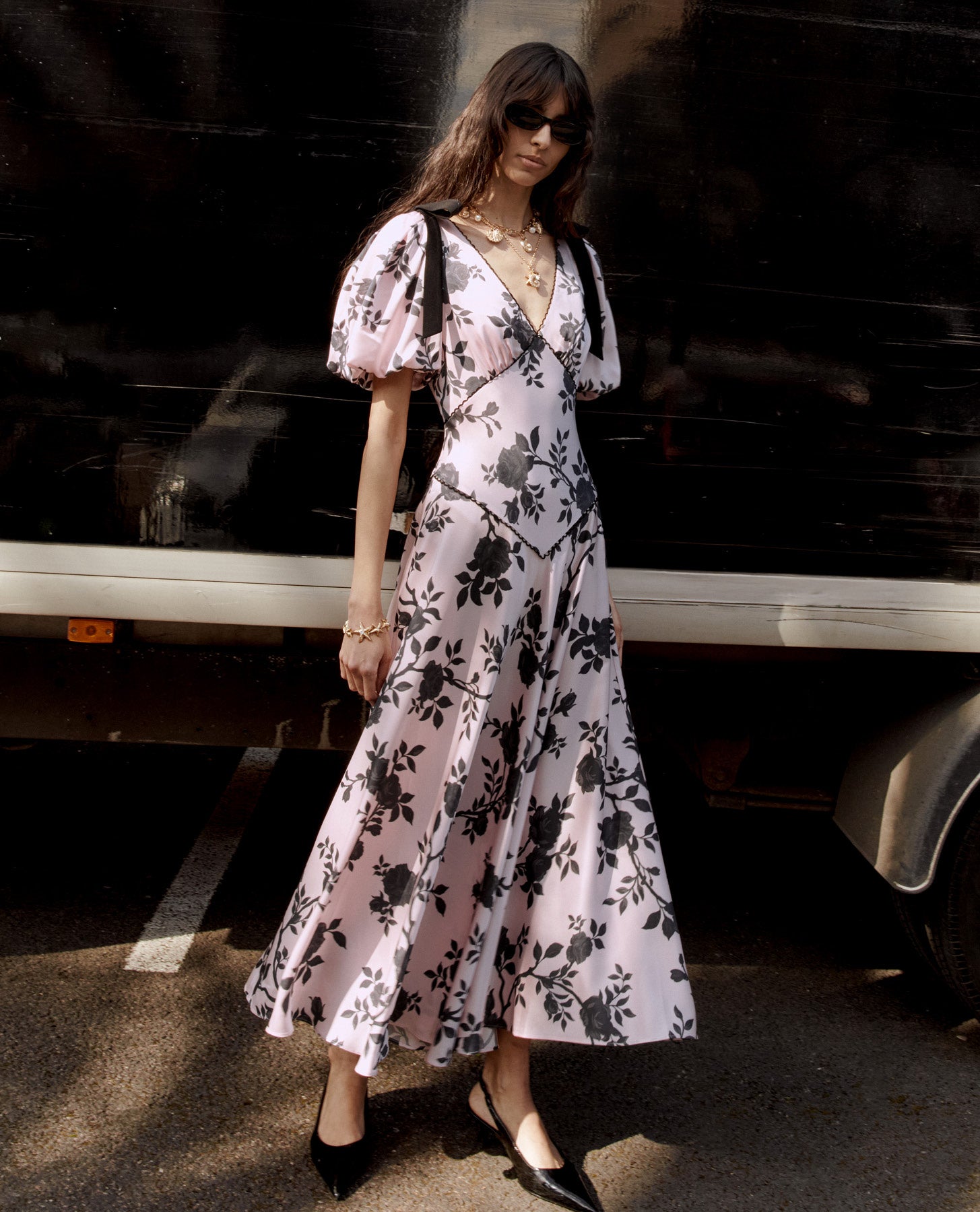 Pink Satin Floral Midi Dress
