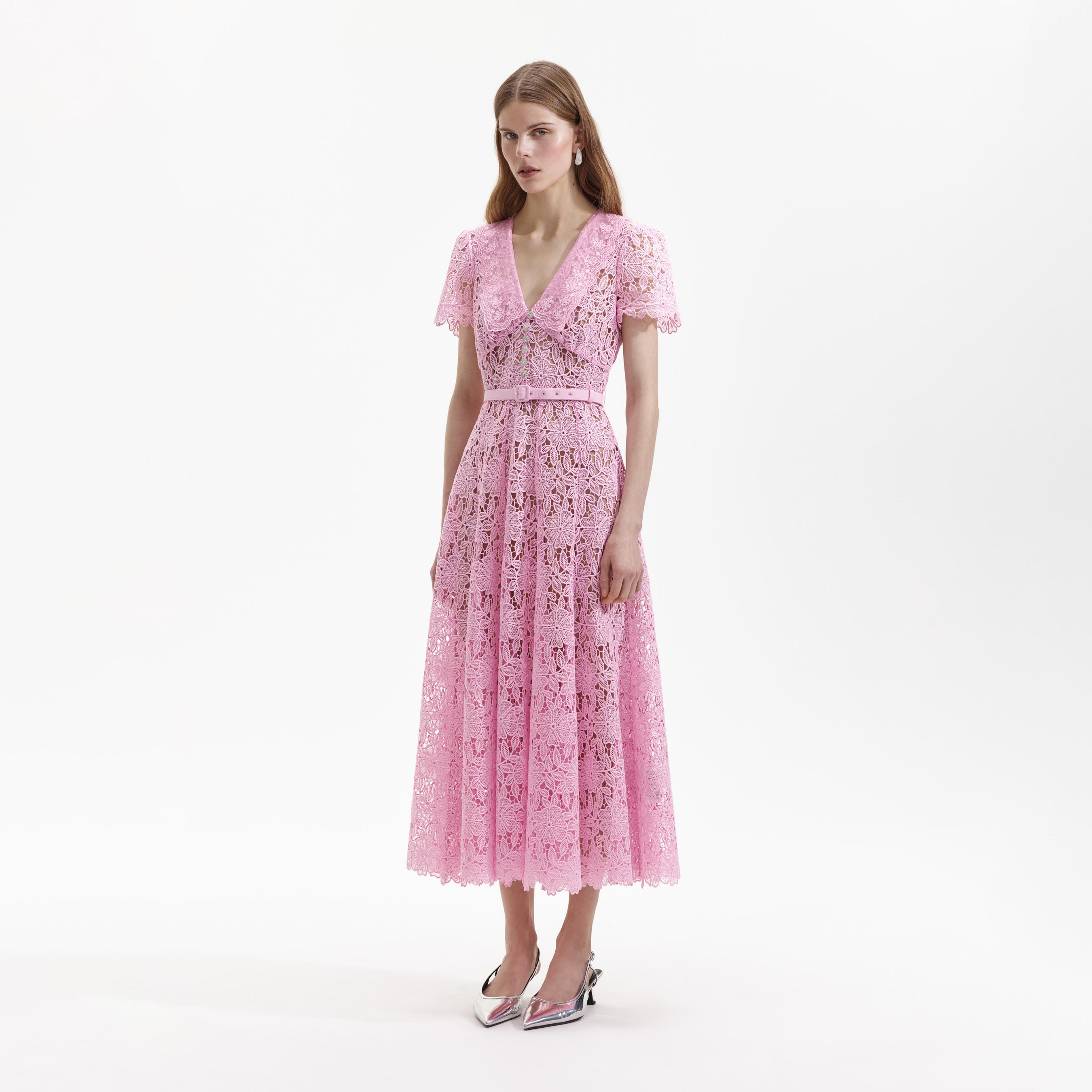 Pale Pink Guipure Lace Midi Dress – self-portrait