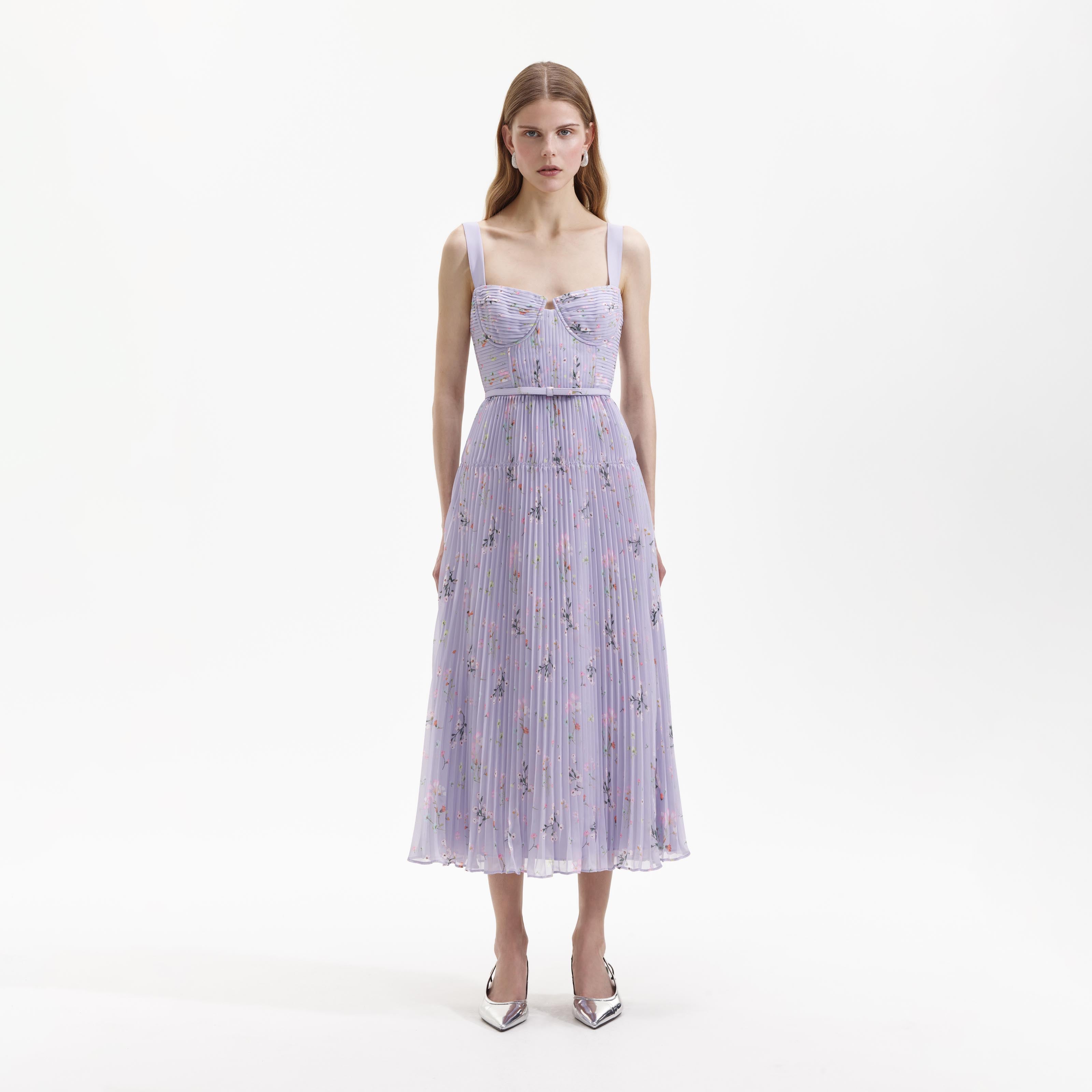 Lilac Floral Chiffon Midi Dress self portrait