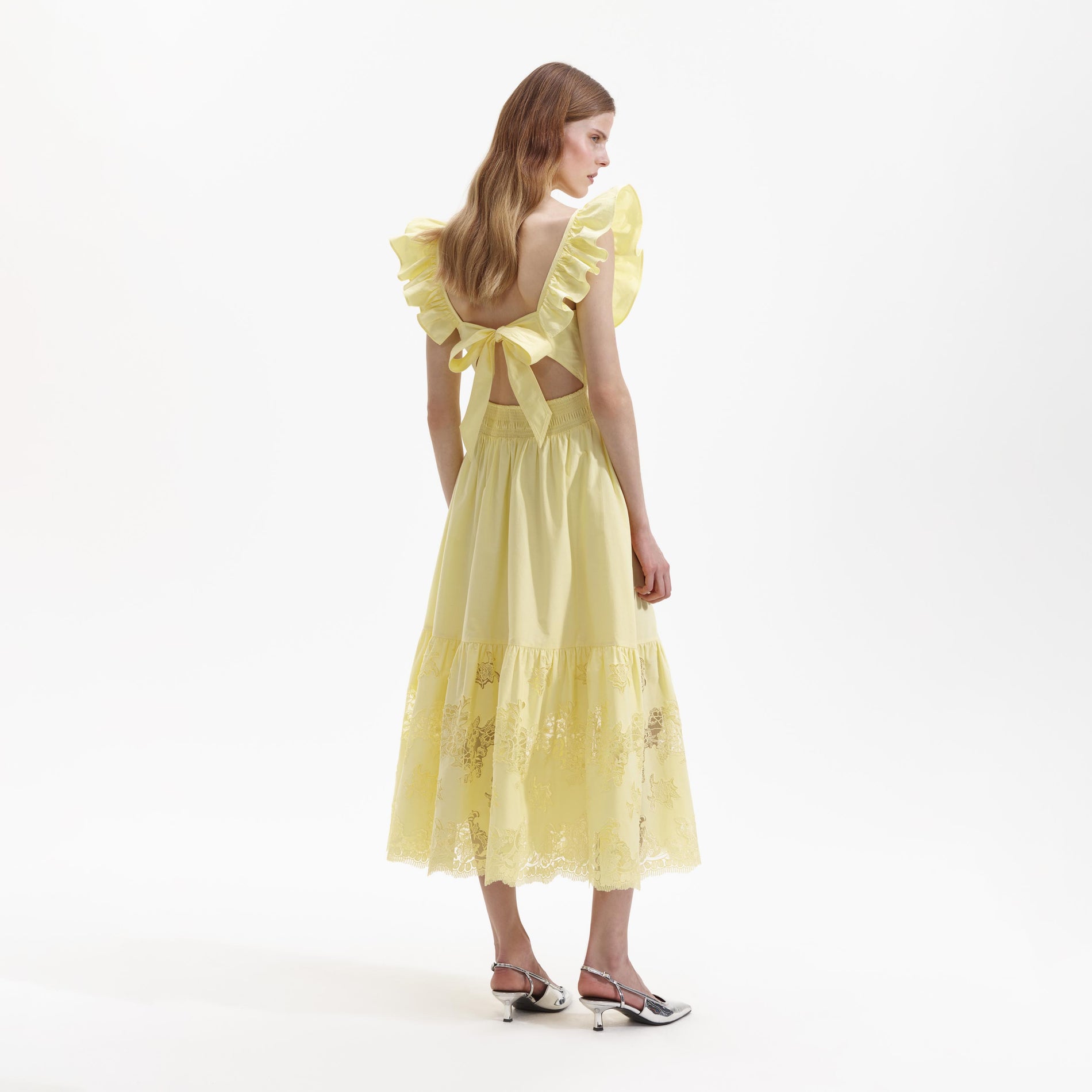 Buy FRILLY YELLOW LACE-TRIM SKATER MIDI DRESS for Women Online in