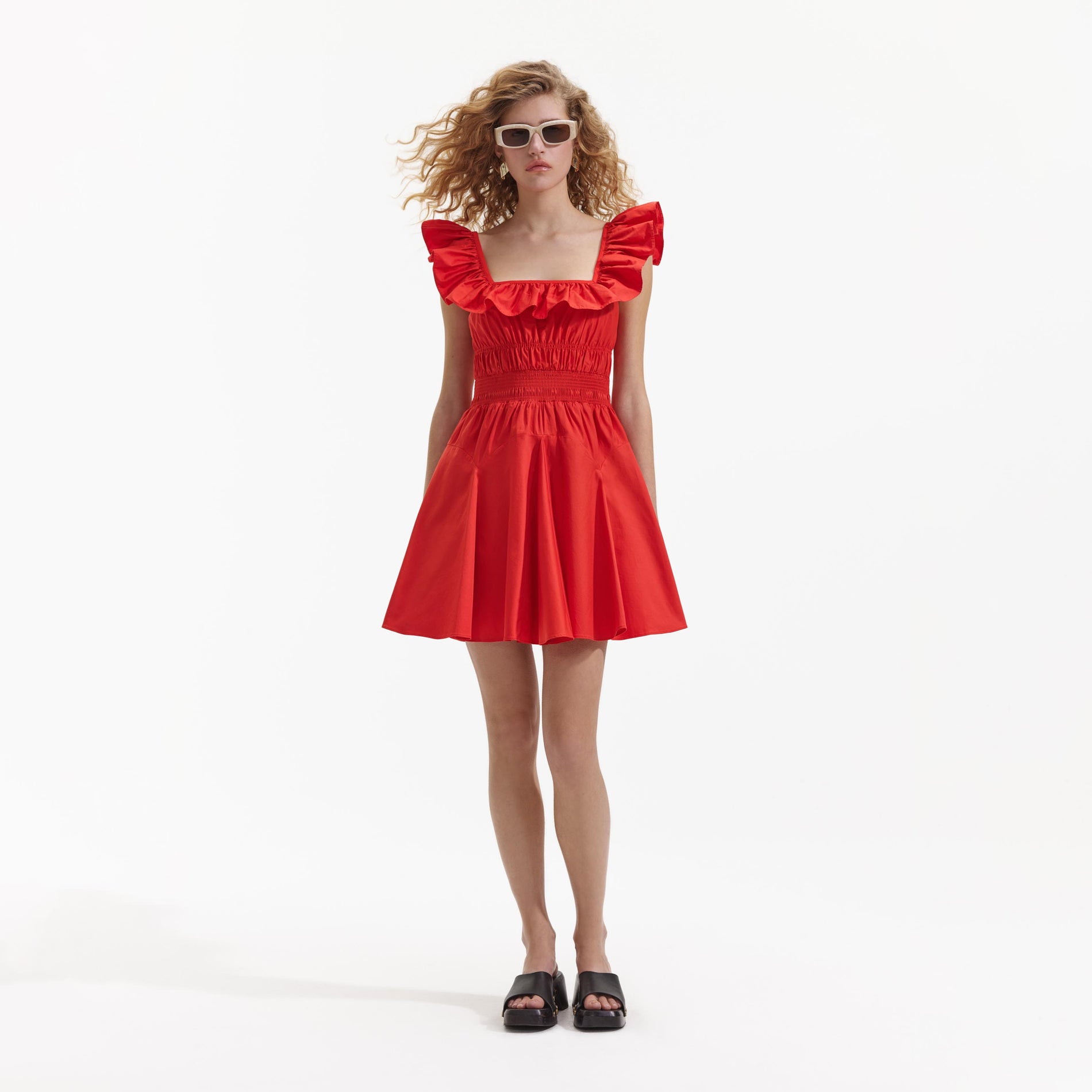 Red Cotton Ruffle Mini Dress