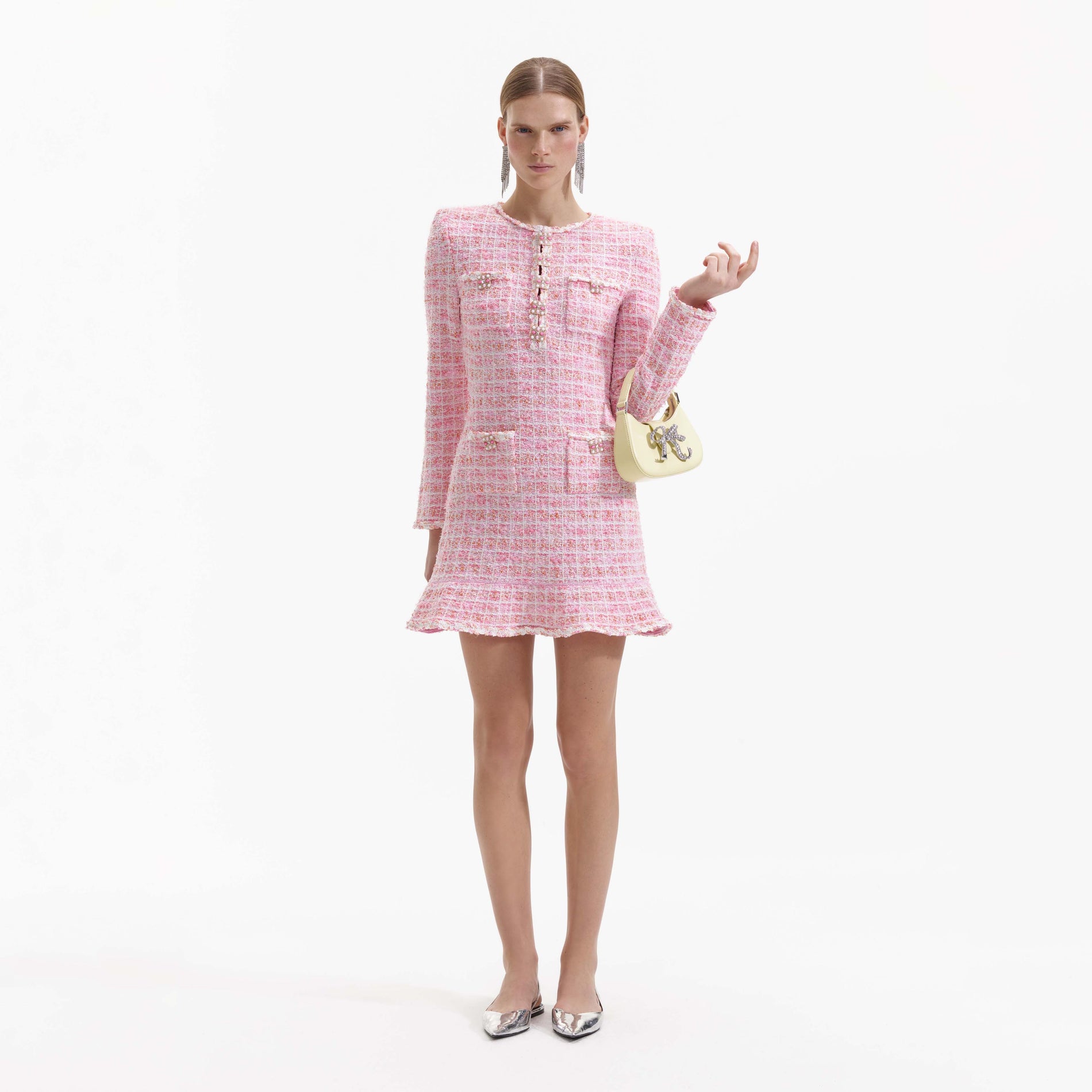 A Woman wearing the Pink Check Knit Mini Dress