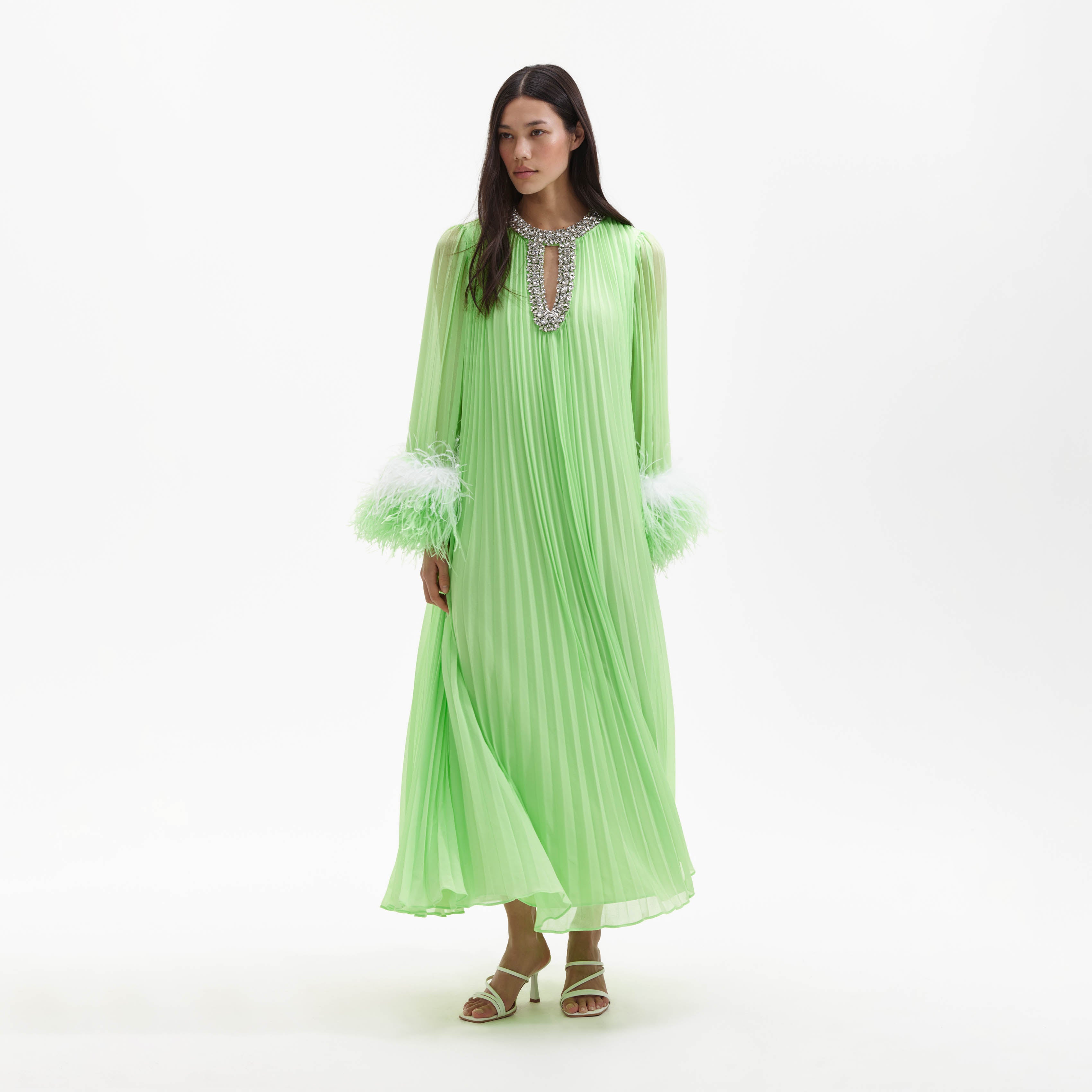 Green Chiffon Feather Midi Dress self portrait